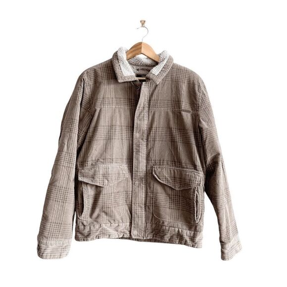 Billabong Mens Sherpa Lined Corduroy Plaid Trucker Jacket Beige Size Large - Picture 1 of 7